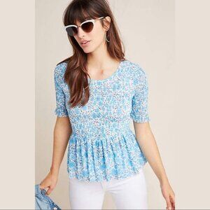 Maeve Ashton Smocked Floral Peplum Top XS